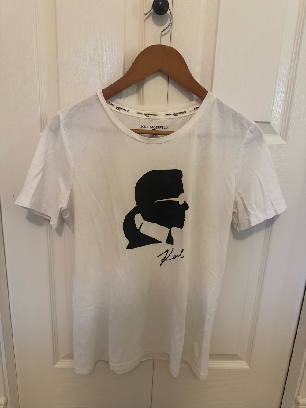 Karl Lagerfeld White Tee with Black Silhouette Logo